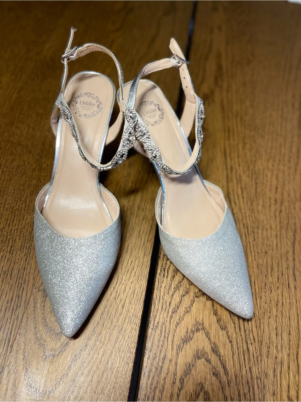 Sparkling Silver Pointed-Toe Ankle Strap Heels